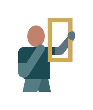 Human holding an empty framing shape, deliberately reframing the scene to test another viewpoint. Stylized editorial character