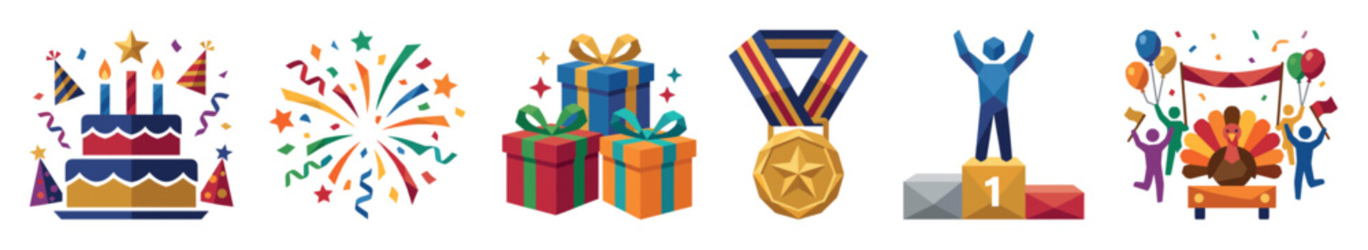 Celebration icons set including birthday cake, fireworks, gift boxes, medal, winner podium, and Thanksgiving parade