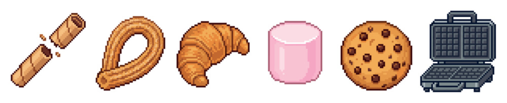 Pixel art collection of various sweet treats and a waffle maker in a retro video game style