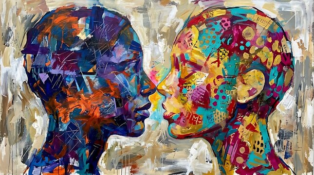 Abstract expressionist painting of two profiles facing each other