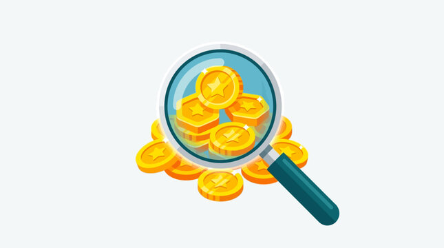 Financial Analysis Concept with magnifying glass focusing on golden star coins, ideal for investment blogs and wealth management marketing.