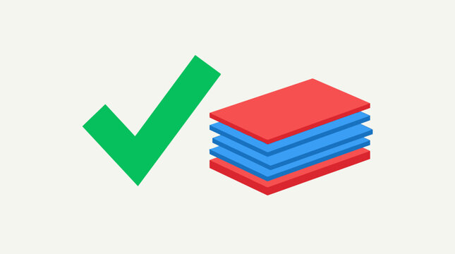 Efficient Data Validation with green checkmark icon next to a 3D isometric stack of red and blue layers ideal for software development presentations and perfect for business automation.