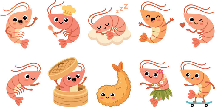 Cute Shrimp Kawaii Cartoon Character Emoji Set with Tempura, Dim Sum, Chef, and Various Poses for Restaurant Menus, Stickers, and Kids Graphic Designs