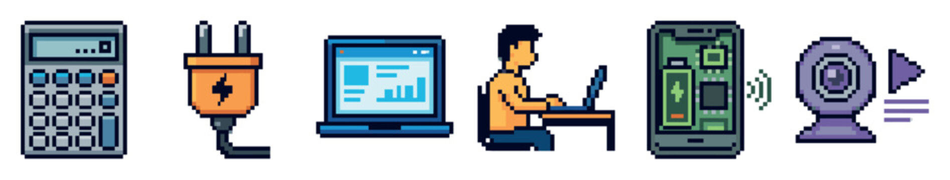 Pixel art icons of a calculator, power plug, laptop, person working, smartphone, and webcam