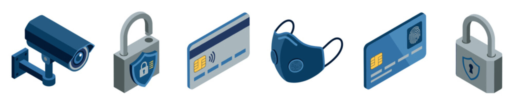 Security camera, padlocks, credit cards, and face mask icons representing safety and protection
