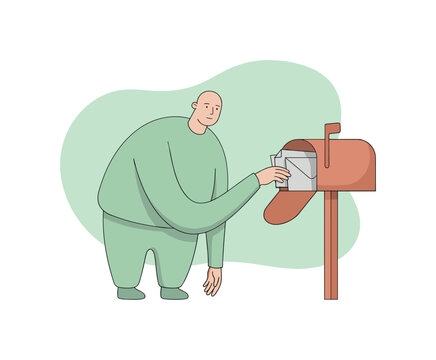 Soft person leans forward checking a mailbox, reaching inside carefully as papers rest against the metal edge  scene of person