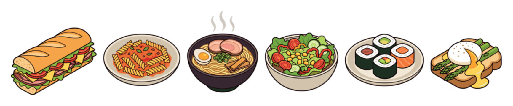 Various delicious food items including a sandwich, pasta, ramen, salad, sushi, and eggs benedict