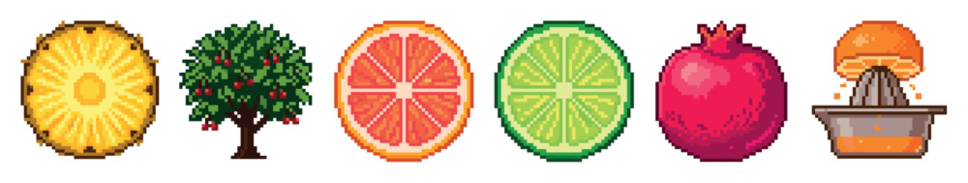 Pixel art fruits including pineapple, cherry tree, grapefruit, lime, pomegranate, and orange juicer