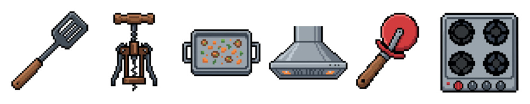 Spatula, corkscrew, baking pan, range hood, pizza cutter, and stove top pixel art set