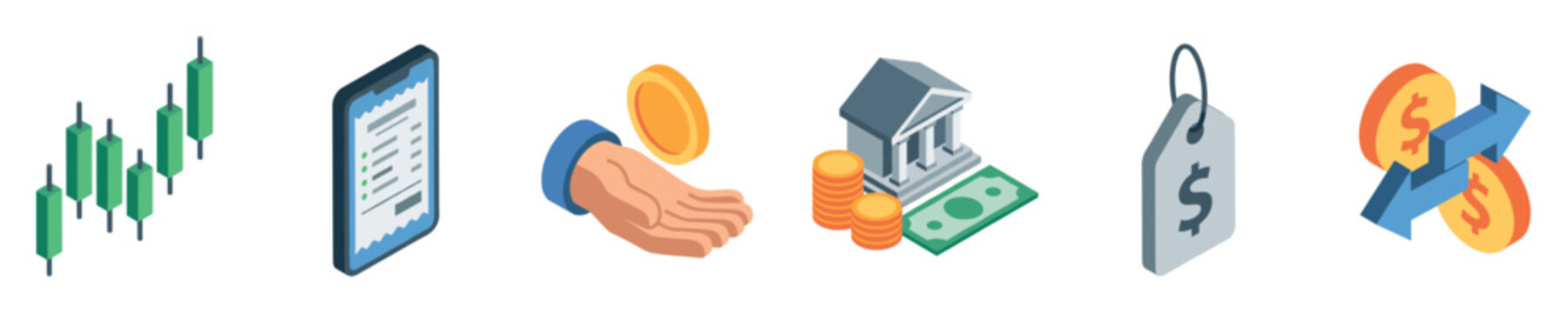 Financial icons set including candlestick chart, mobile bill, hand with coin, bank, price tag, and money exchange symbols