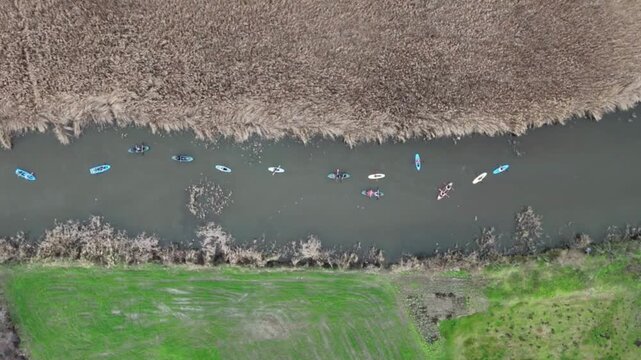Aerial view of people on paddleboards and kayaks navigating a narrow waterway through reeds and green fields in the Kizilirmak Delta, Bafra, Samsun, Turkey.