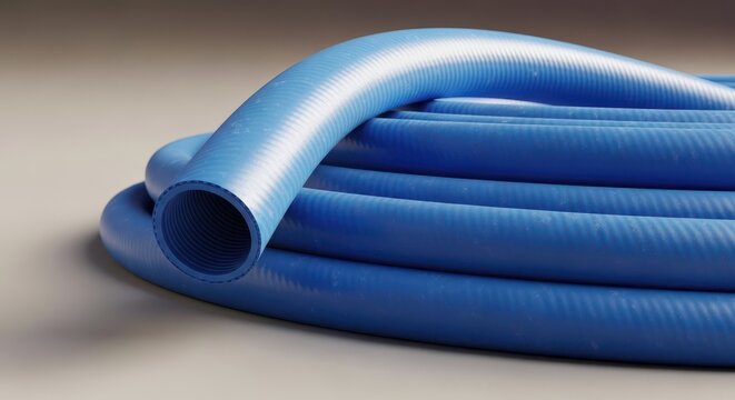 A close-up view of a bright blue flexible rubber hose coiled neatly on the ground, ready for connection or transport, highlighting its texture and material, supply, detail, azure