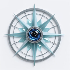 Obraz premium Gray metal compass rose with blue central emblem and star pattern, surrounded by white background with subtle shadow effect.