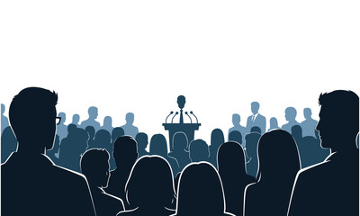 Naklejka premium Silhouette of a crowd listening to a speaker at a podium