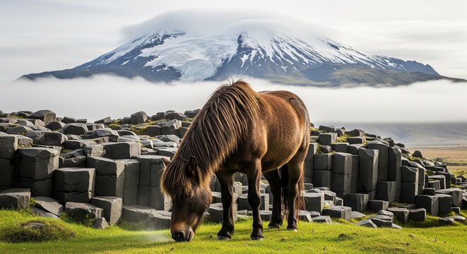 A brown horse eating green grass in front of dark basalt rock geometric structures and a large volcano covered in snow and low fog