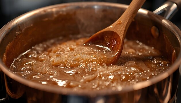 A wooden spoon stirs a bubbling, caramelized onion mixture in a copper pot, showcasing the process of gourmet cooking.