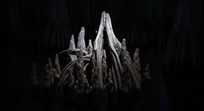 Artistic monochrome macro shot of cypress tree roots in swamp