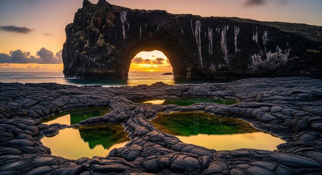 Wide panoramic view of a massive black rock cliff with a natural arch over the sea at sunset. In the foreground, multiple tide pools with vibrant green water
