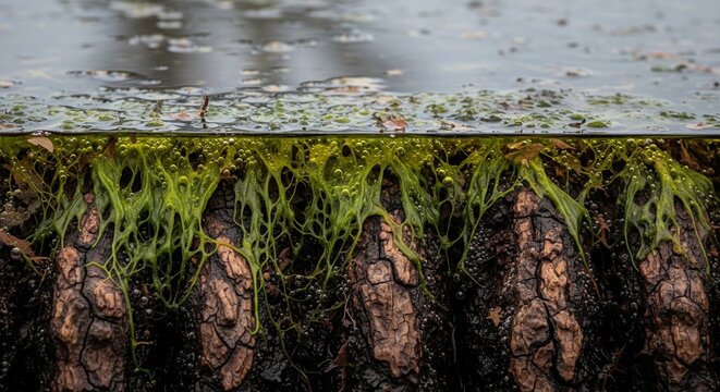 A split view at the water line showing dark tree bark submerged in water with bright green slime and algae growing on it.