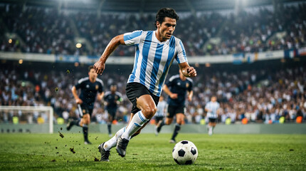Fototapeta premium Soccer Player in Argentina Jersey Dribbling Ball on Field During Match
