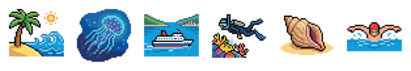 Fototapeta premium Pixel art collection of summer vacation and ocean activities including beach, jellyfish, cruise ship, scuba diver, seashell, and swimmer