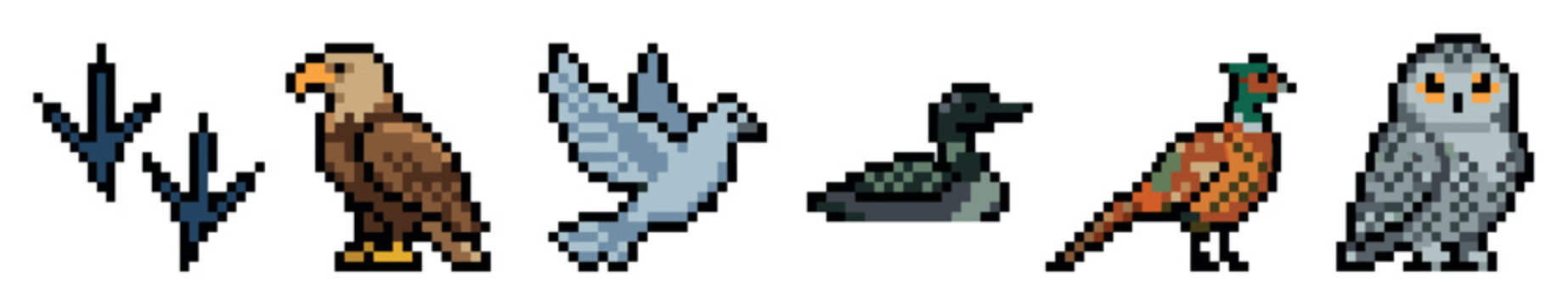 Pixel art birds including an eagle, dove, duck, pheasant, owl, and bird tracks in a row
