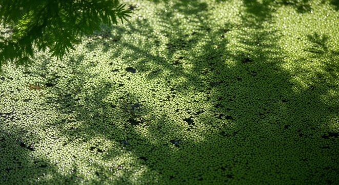 Green duckweed on water surface with tree shadow