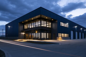 Obraz premium New industrial building with glass front at night showcases modern design and lighting in urban area