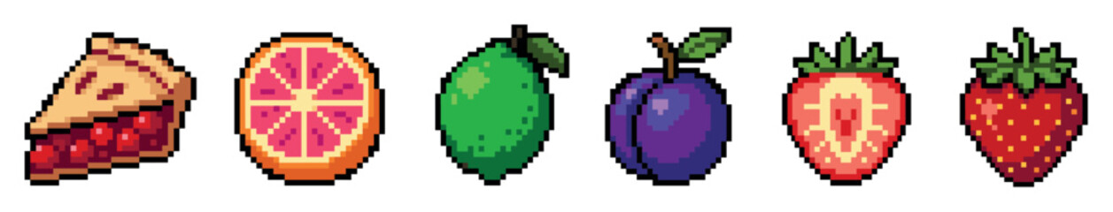 Fototapeta premium Pixel art fruits and dessert set including pie, grapefruit, lime, plum, and strawberries