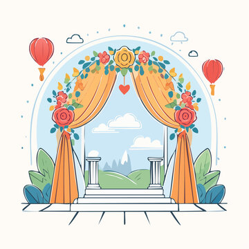 Wedding Arch Decoration with Flowers and Landscape Background