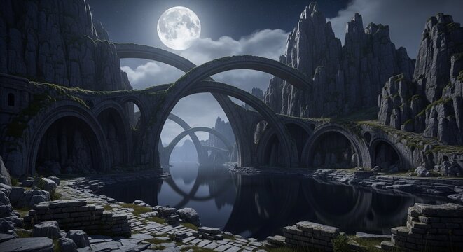 Fantasy Stone Arches Over Water at Night