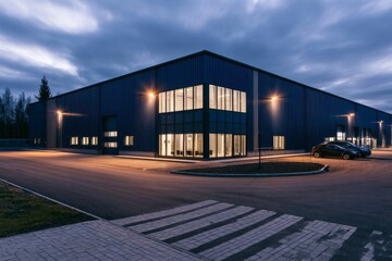 Fototapeta premium Night view of a modern warehouse building with parking area and street lights in an industrial zone