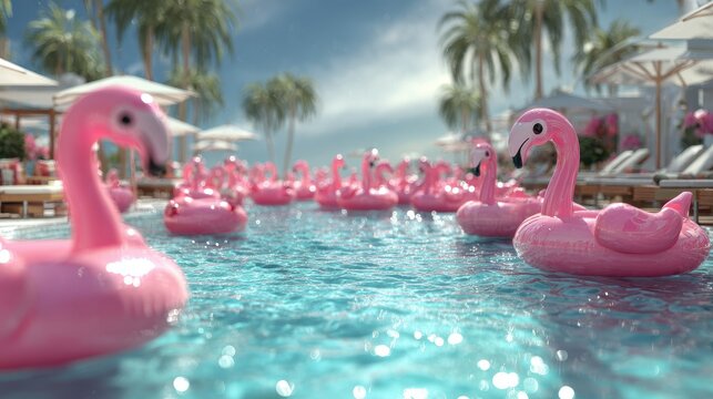Playful pool scene with inflatable flamingos drifting on sparkling turquoise water