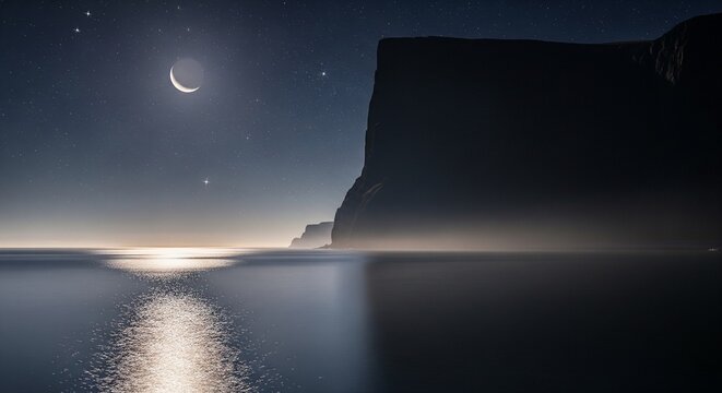 A massive, dark ocean cliff or cape under a starry night sky with a bright crescent moon. A shimmering path of moonlight reflects across the smooth, calm surface of the sea