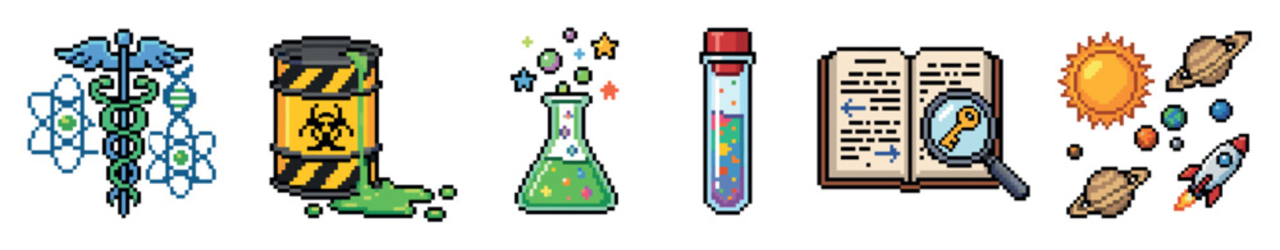 Pixel art science icons set including caduceus, biohazard barrel, magic potion, test tube, book with magnifying glass, and solar system elements