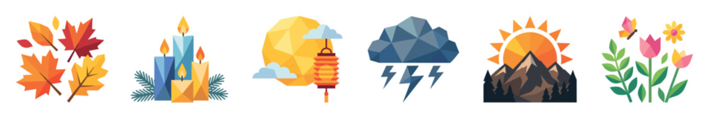 Obraz premium Autumn leaves, candles, moon lantern, storm cloud, mountain sunrise, and spring flowers in flat geometric style