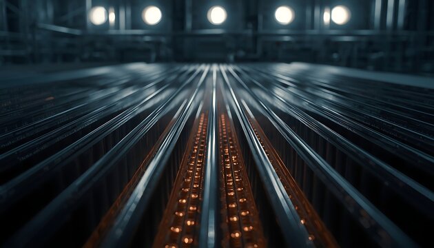 A close-up view of a grid of orange lights or heating elements arranged in parallel lines, possibly in a factory or industrial setting.