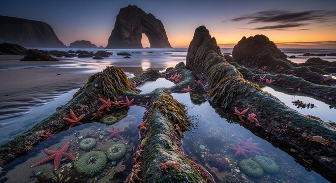 Colorful red starfish and green anemones in rocky tide pools on the beach at sunset with a natural rock arch in the background