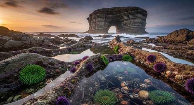 Beautiful tide pools filled with green and purple sea anemones during sunset, with a large rock arch structure in the ocean background