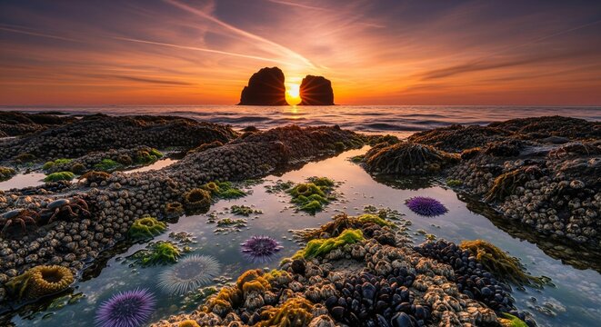 A scenic coastal view at sunset showing tidal pools filled with green moss, sea anemones, and purple sea life, looking out towards two large rock formations in the ocean
