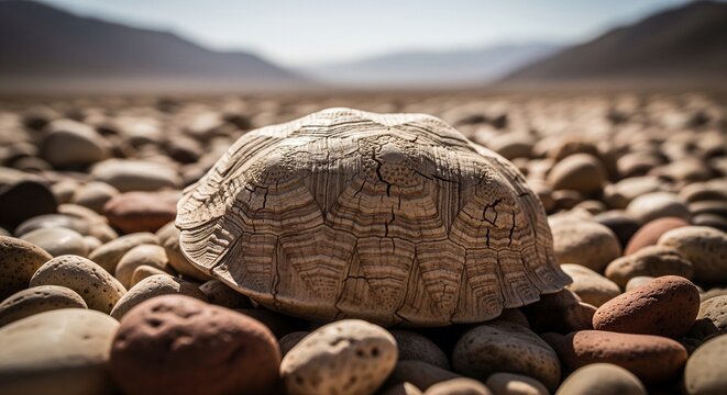 A close-up shot of an empty turtle shell lying on a field of smooth river stones and pebbles with mountains blurry in the distance