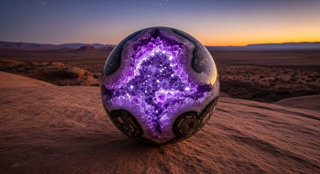 A round, magical crystal ball showing a glowing purple amethyst geode center, sitting on a desert rock surface during twilight.