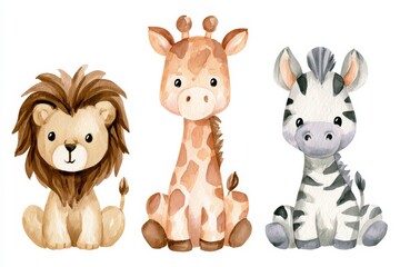 Fototapeta premium Cute animal illustrations of a lion, giraffe, and zebra sitting together in a playful setting