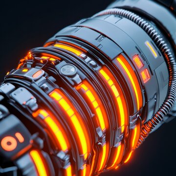 Vibrant close-up of a futuristic power core a dark metallic sci-fi reactor with intense orange light bands and intricate details, showcasing advanced energy. high-tech, mechanism