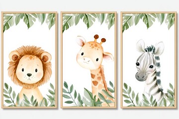 Obraz premium Cute animal art prints showing a lion, giraffe, and zebra surrounded by green leaves in a simple design