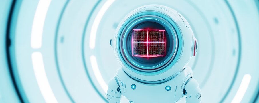 White AI robot's glowing red digital brain in a sleek sci-fi corridor. Close-up of futuristic tech and data processing, AI, Cybernetic
