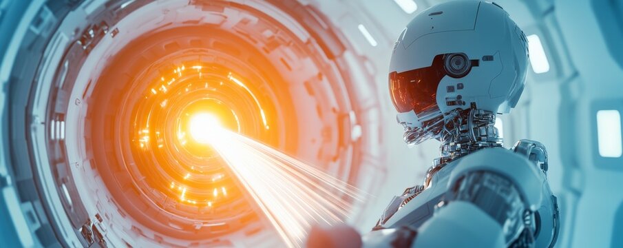 White futuristic robot (right) intently observes a vibrant orange light beam emerging from a sci-fi portal tunnel, depicting AI, future tech and data flow. Robotics, Cyberpunk