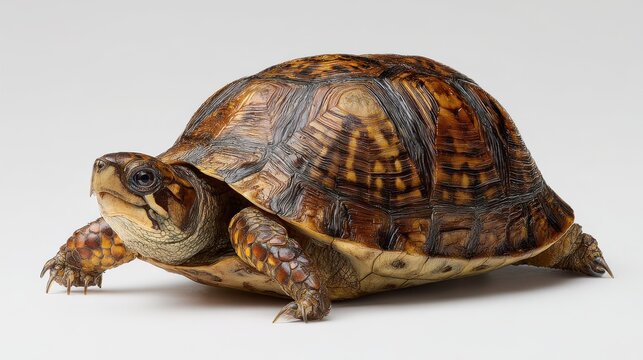 Photograph of a common box turtle isolated on a bright white backdrop, macro shell pattern