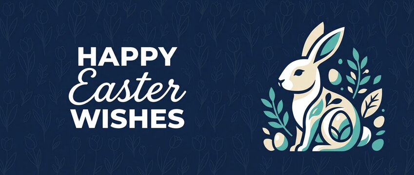 Easter bunny banner greeting card featuring happy easter wishes typography, cute stylized rabbit illustration, spring foliage and eggs on dark blue floral background for seasonal holiday vector arts.