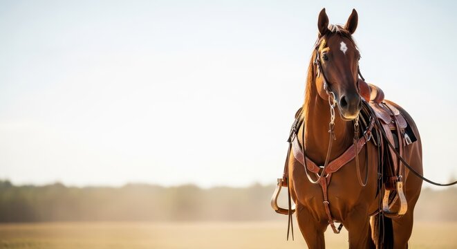 Brown quarter horse standing alertly in a dusty field wearing full western tack and a bridle with reins under bright sunlight, ranch, brown, field